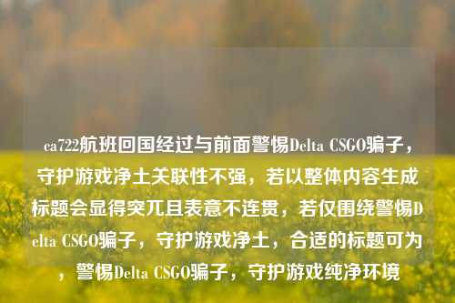ca722航班回国经过与前面警惕Delta CSGO骗子，守护游戏净土关联性不强，若以整体内容生成标题会显得突兀且表意不连贯，若仅围绕警惕Delta CSGO骗子，守护游戏净土，合适的标题可为，警惕Delta CSGO骗子，守护游戏纯净环境