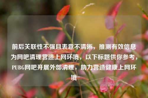 前后关联性不强且表意不清晰，推测有效信息为网吧清理营造上网环境，以下标题供你参考，PUBG网吧开展外部清理，助力营造健康上网环境